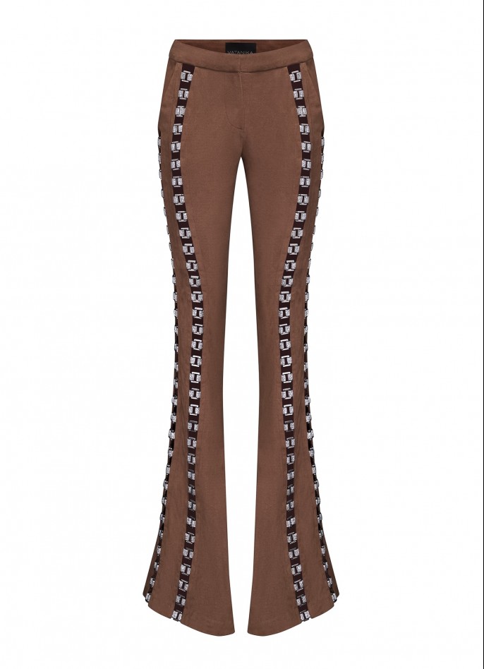 BROWN SUEDE-EFFECT CUT-OUT LOW-WAIST FLARE PANTS